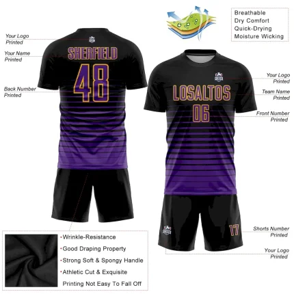 Custom Black Purple-Gold Pinstripe Fade Fashion Sublimation Soccer Uniform Jersey - Image 3