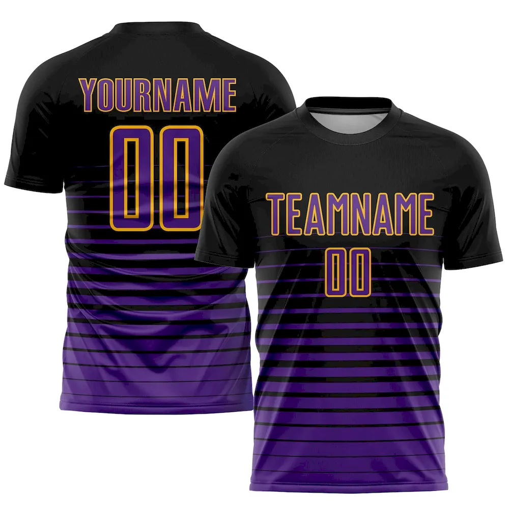 Soccer0709.webp Custom Black Purple-Gold Pinstripe Fade Fashion Sublimation Soccer Uniform Jersey - Image 1