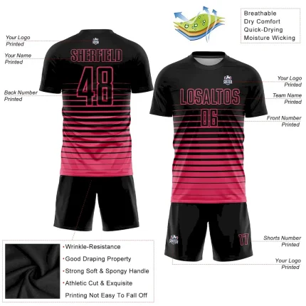 Custom Black Neon Pink Pinstripe Fade Fashion Sublimation Soccer Uniform Jersey - Image 3