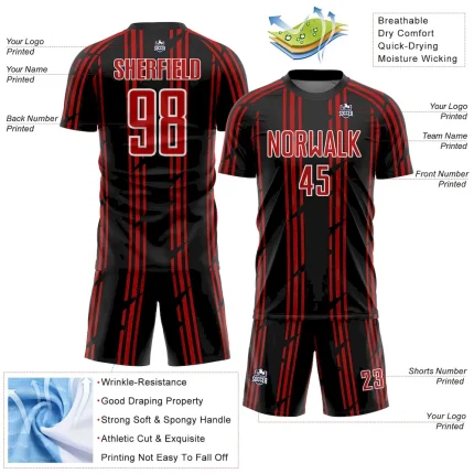 Custom Black Red-White Pinstripe Sublimation Soccer Uniform Jersey - Image 4