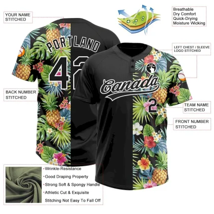 Custom Black White 3D Pattern Hawaii Tropical Pineapples, Palm Leaves And Flowers Two-Button Unisex Softball Jersey - Image 3