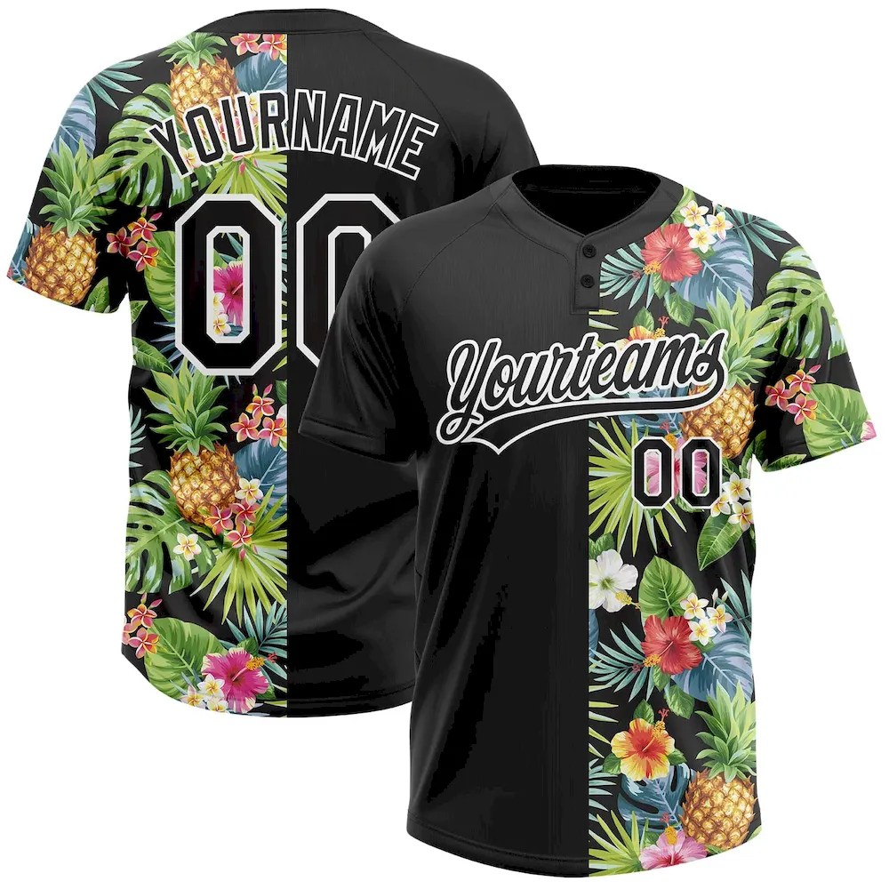 Softball1743.webp Custom Black White 3D Pattern Hawaii Tropical Pineapples, Palm Leaves And Flowers Two-Button Unisex Softball Jersey - Image 1