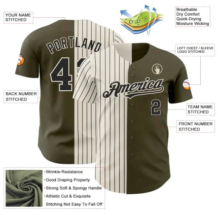Custom Olive Cream-Black Pinstripe Authentic Split Fashion Salute To Service Baseball Jersey - Image 3