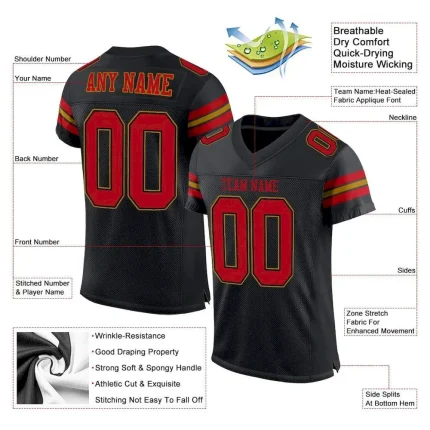 Custom Black Red-Old Gold Mesh Authentic Football Jersey - Image 4
