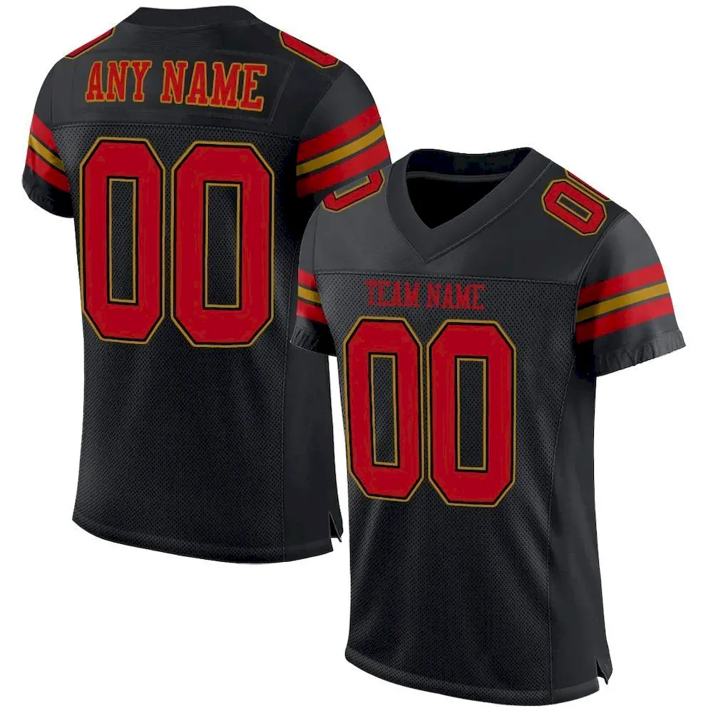 black_0007_6f19cbe0-4e42-4bb9-85b8-4406ea1319c0.webp Custom Black Red-Old Gold Mesh Authentic Football Jersey - Image 1