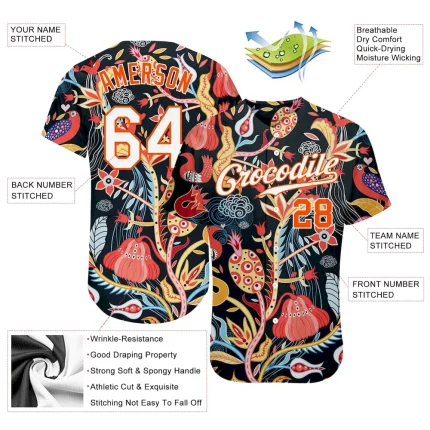 Custom Black White-Orange 3D Pattern Design Flowers Authentic Baseball Jersey - Image 3