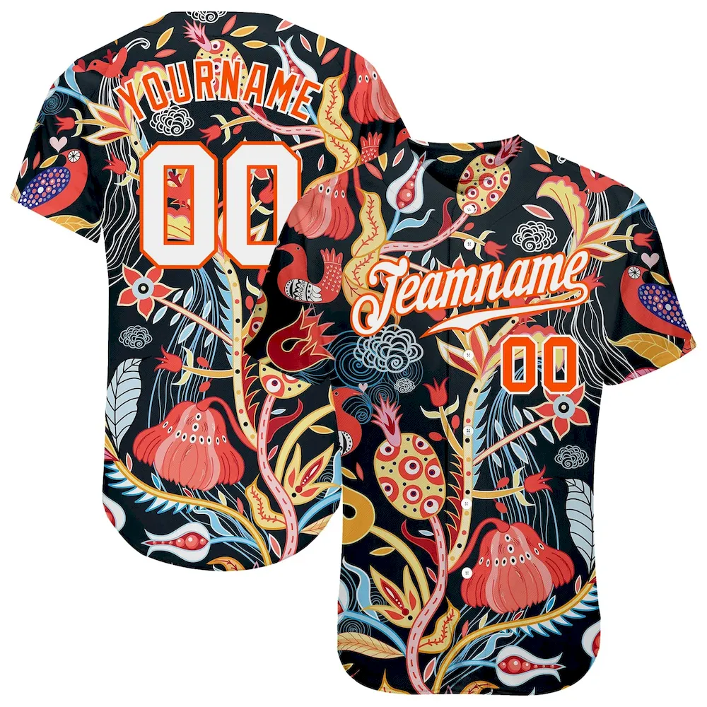 black_0815.webp Custom Black White-Orange 3D Pattern Design Flowers Authentic Baseball Jersey - Image 1