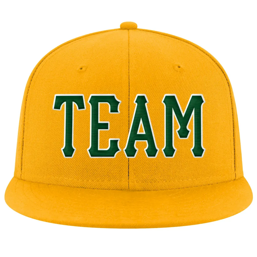 gold_0101.webp Custom Gold Green-White Stitched Adjustable Snapback Hat - Image 1