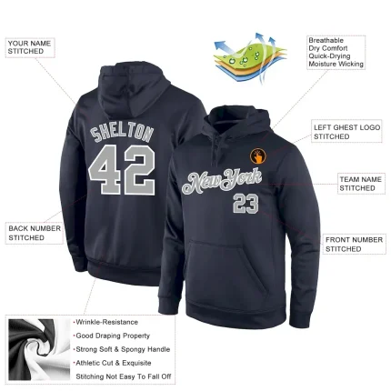 Custom Stitched Navy Gray-White Sports Pullover Sweatshirt Hoodie - Image 4